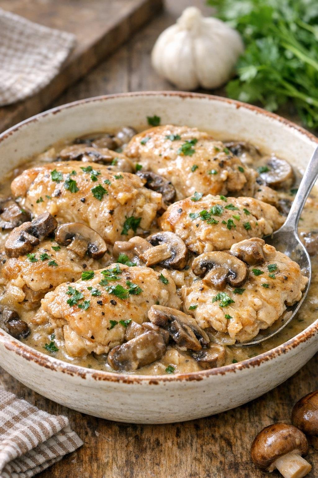 Kip met champignons, gemaakt met kippendijen.