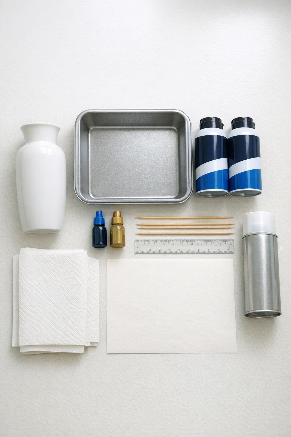 Materials for making marbled porcelain-look vases laid out on a table