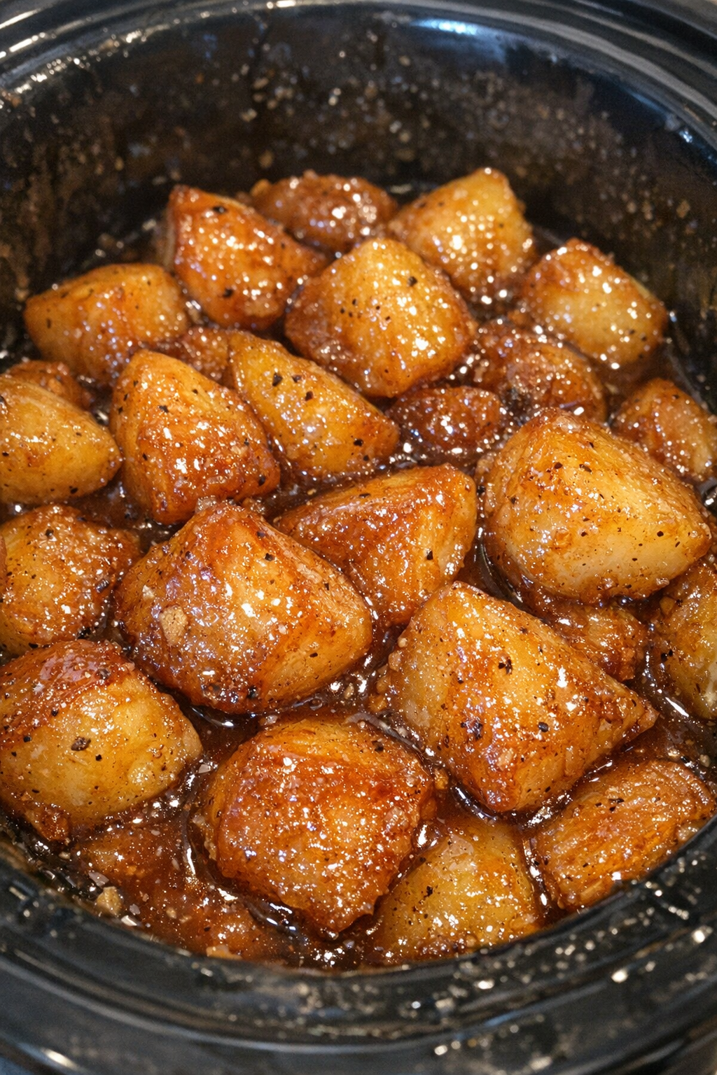Slow cooker glazed potato dish in close-up