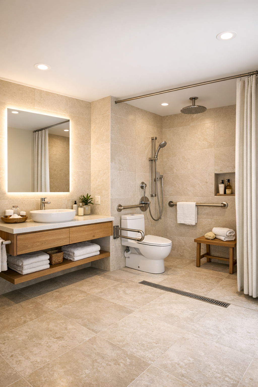 Spa-like accessible bathroom with a curbless shower, floating vanity, and pale stone finishes