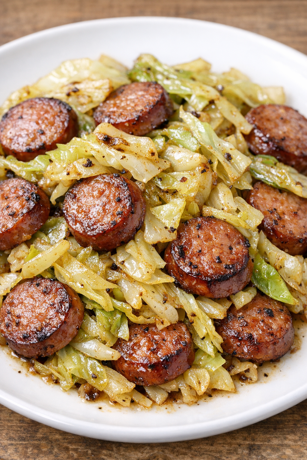 Finished sausage cabbage skillet plated on a white plate