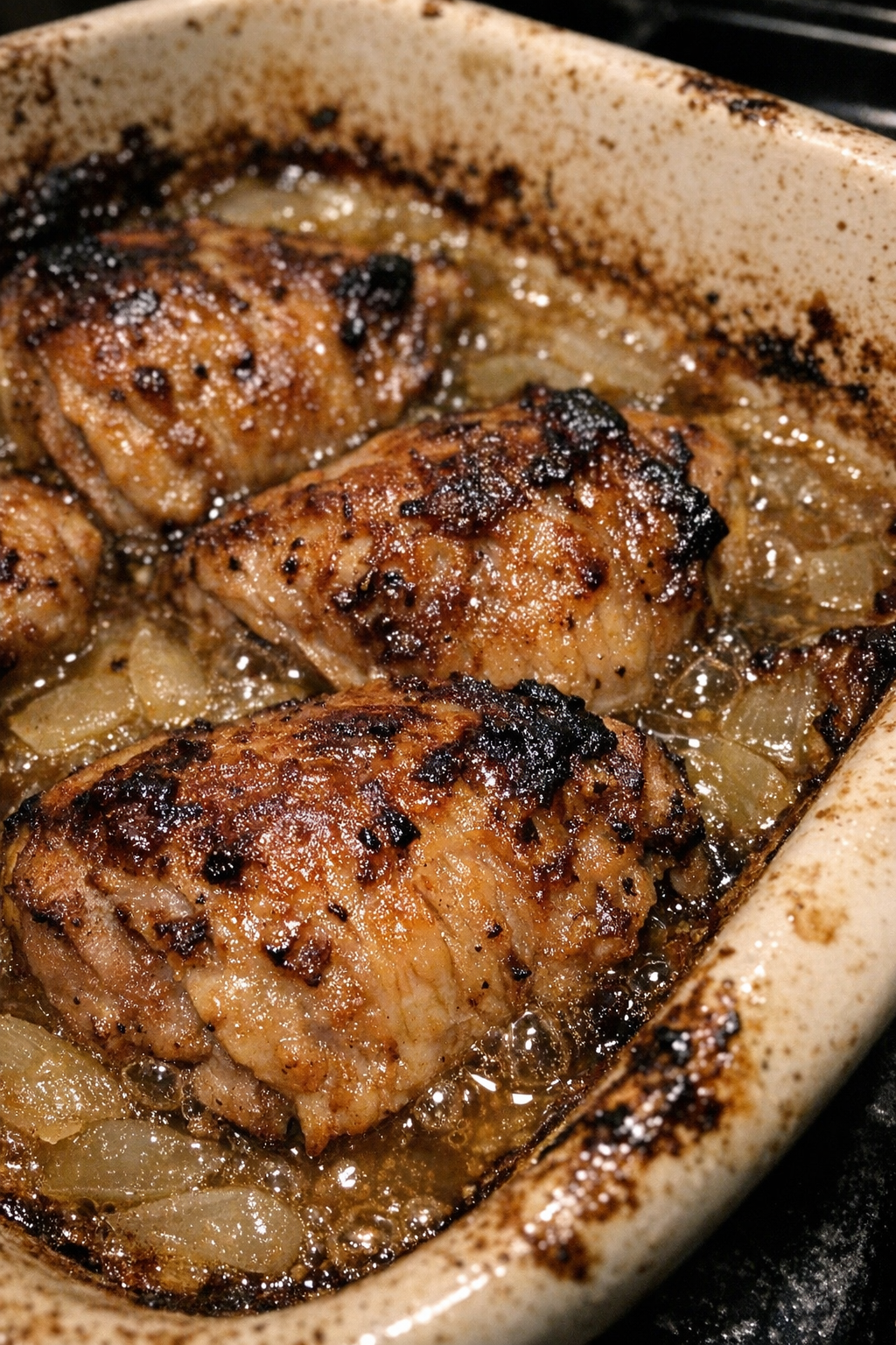 Roasted protein in a ceramic baking dish