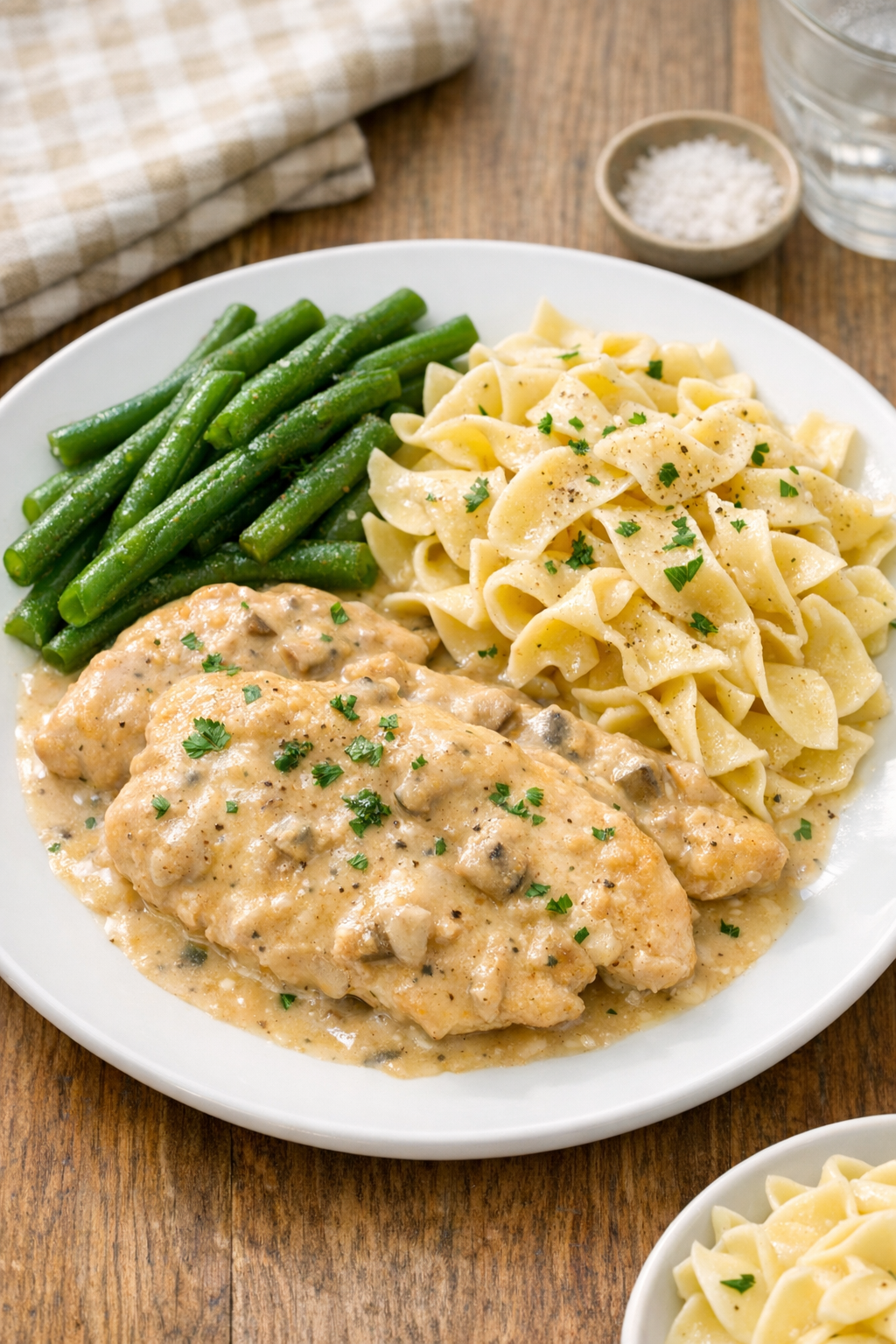 Finished slow cooker chicken plated with creamy sauce