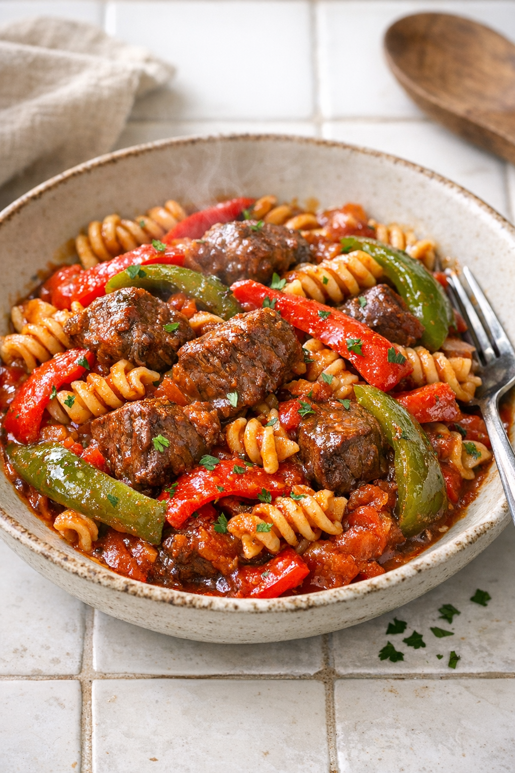 Finished Amish bell pepper beef pasta plated in a rustic bowl