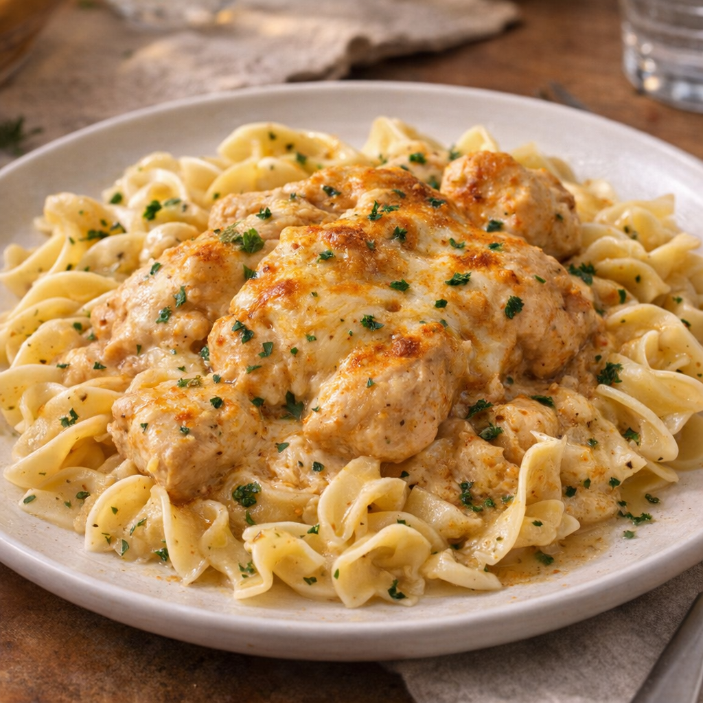 A plated serving of Chicken Madison over buttered egg noodles