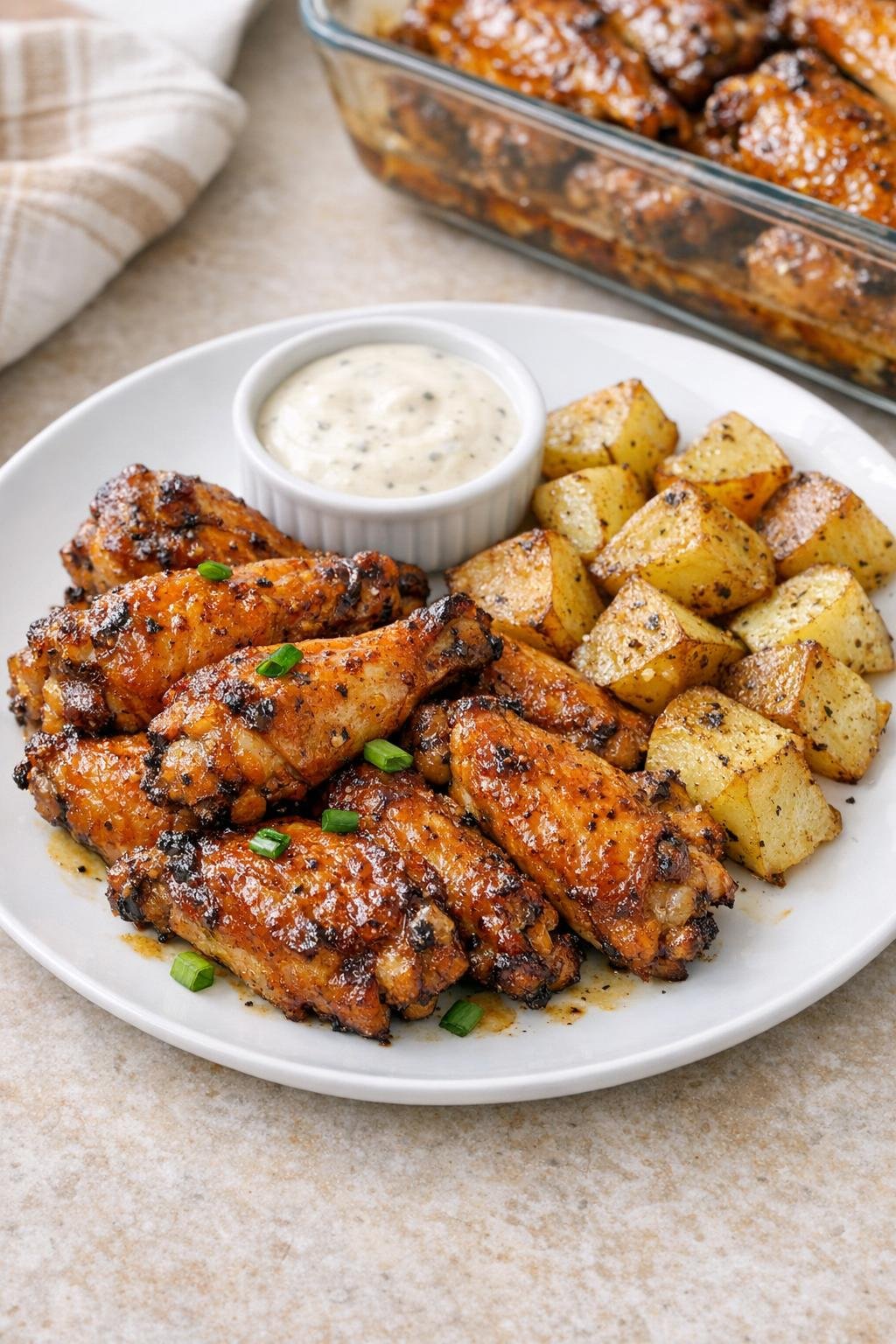 Finished baked chicken wings plated for serving