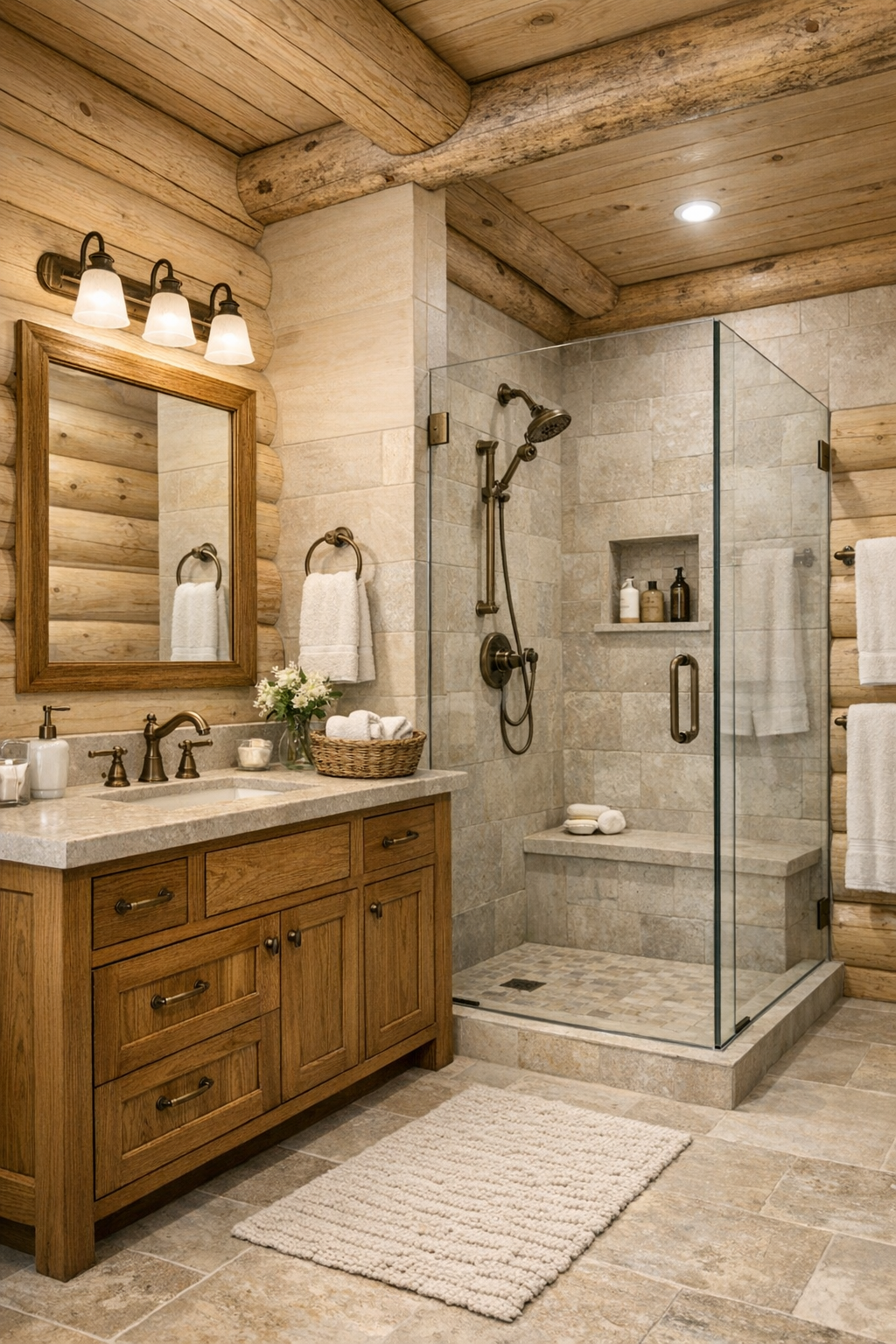 Bathroom with a wood vanity, honed stone surfaces, and a glass-enclosed shower