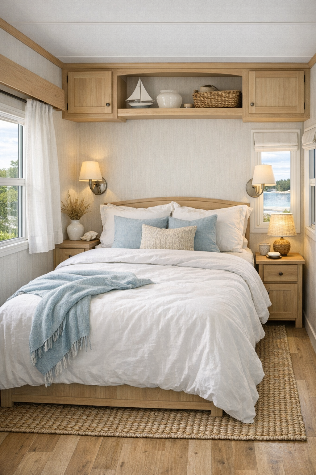 Serene small bedroom with white bedding, light wood, and soft blue accents