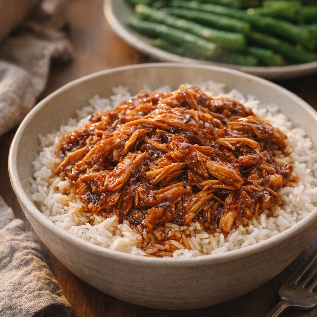 Slow cooker glazed chicken served over rice