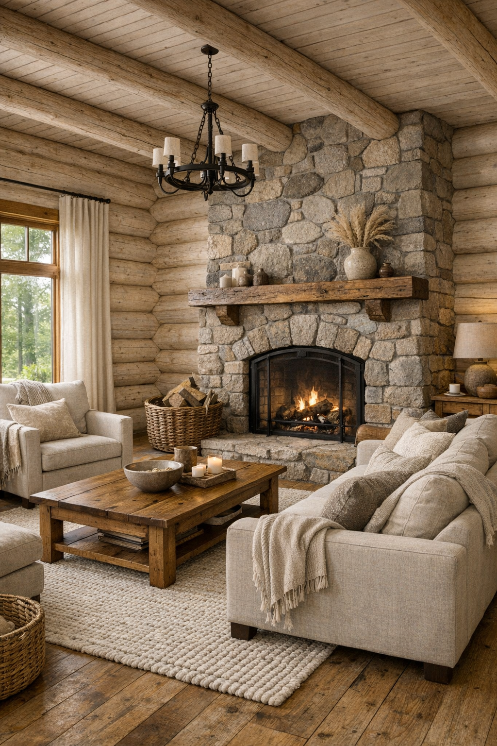 Bright living room with pale balsam fir log walls, stone fireplace, linen seating, and a warm neutral palette