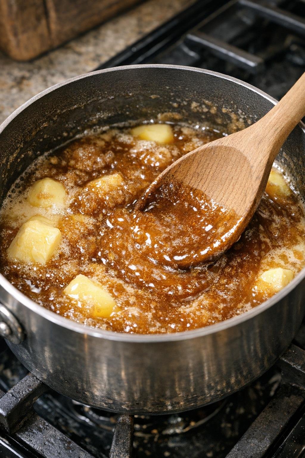 Brown sugar, milk, and butter melting in a saucepan