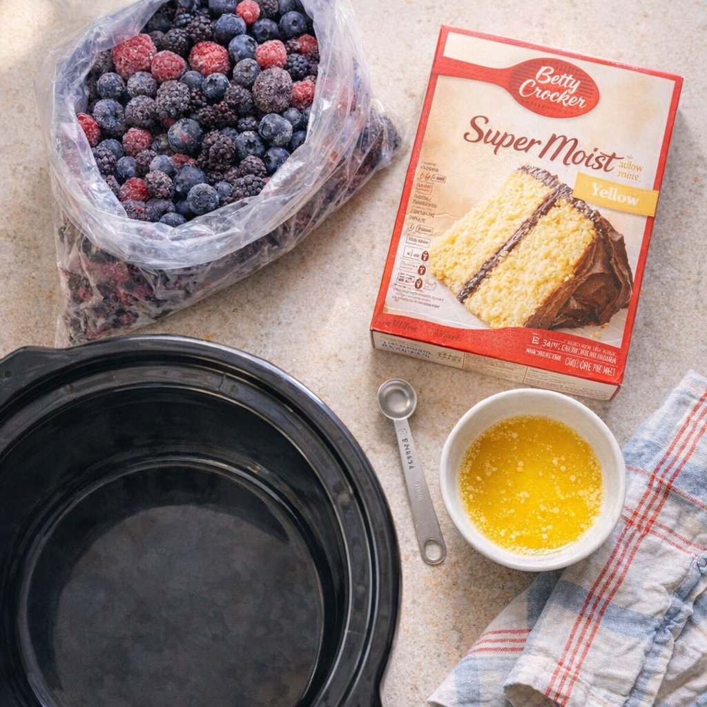 Slow cooker berry bake ingredients on a kitchen counter