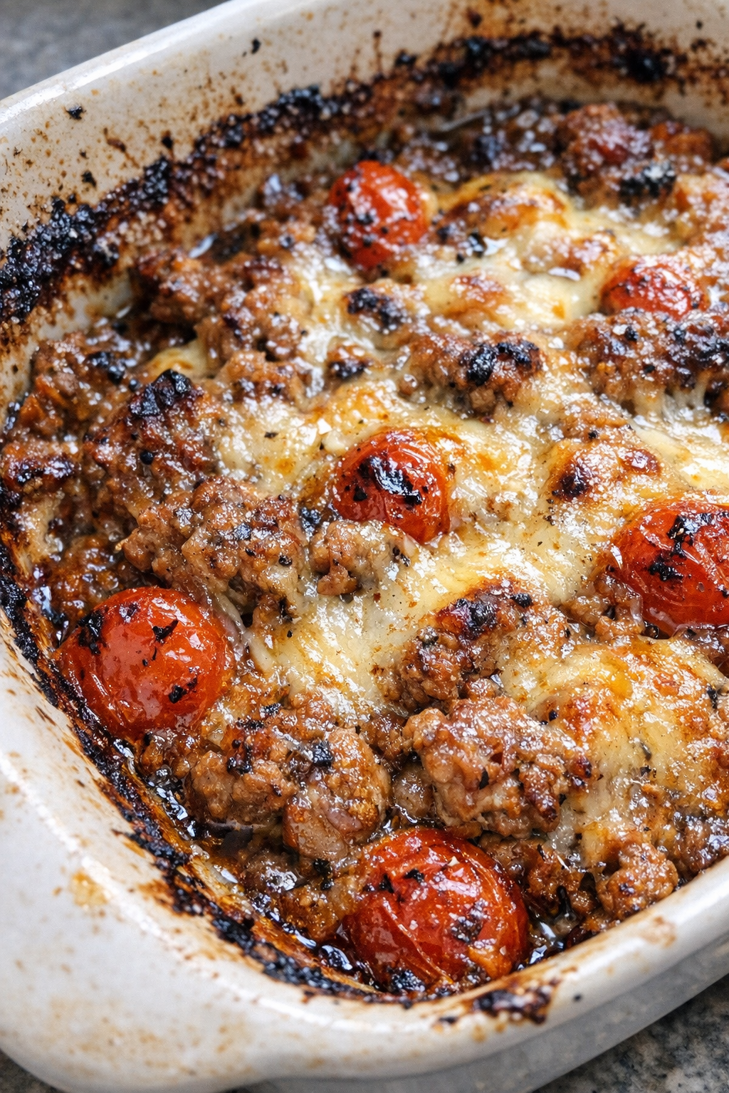 Succulent umami-rich casserole in a ceramic baking dish