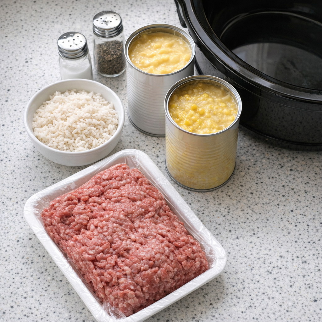 Slow cooker casserole ingredients arranged on a kitchen counter