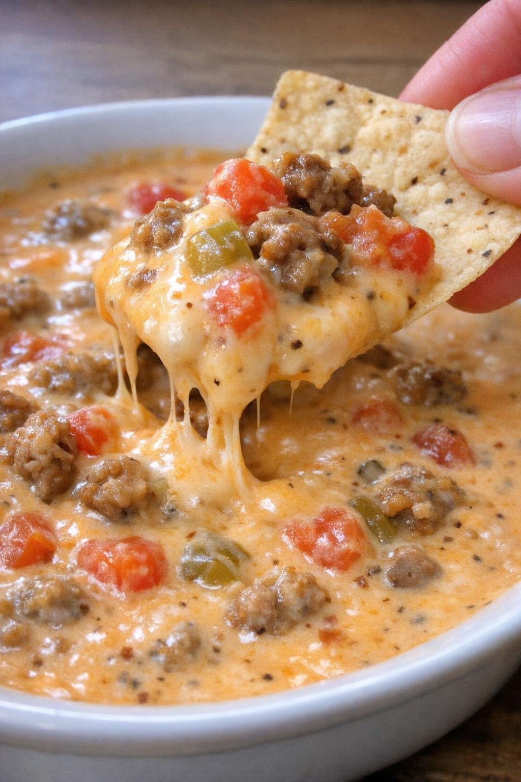 Creamy sausage cheese dip with tomatoes and green chiles
