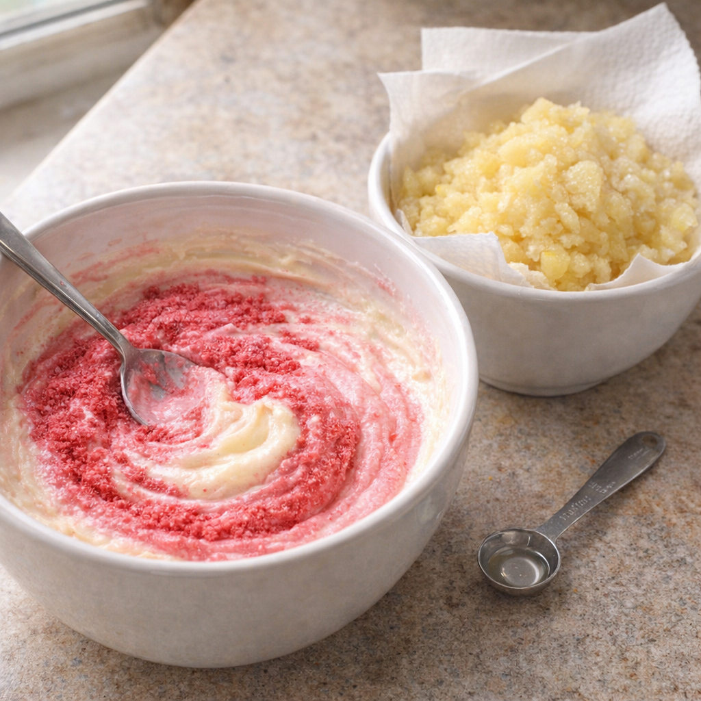 Small bowls of strawberry powder and drained pineapple on the counter