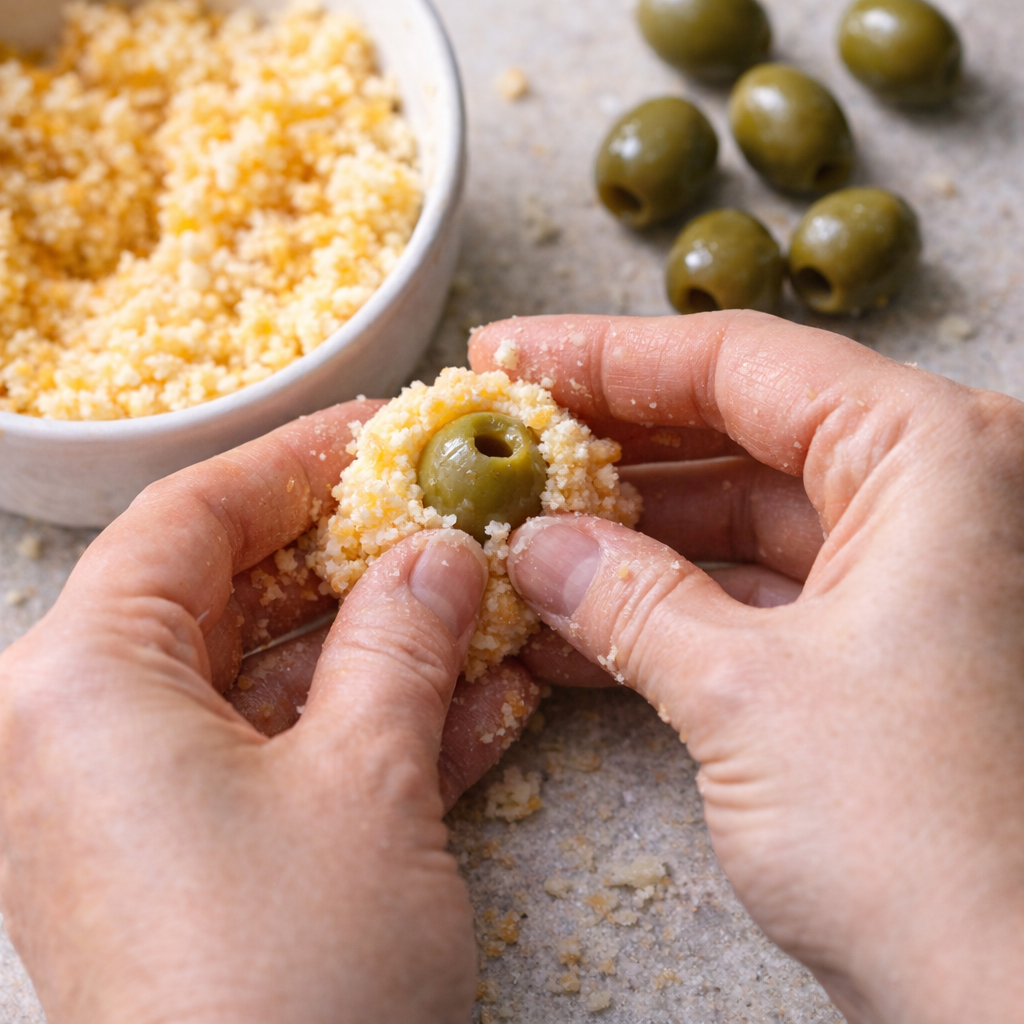 Hand shaping cheese mixture around a green olive