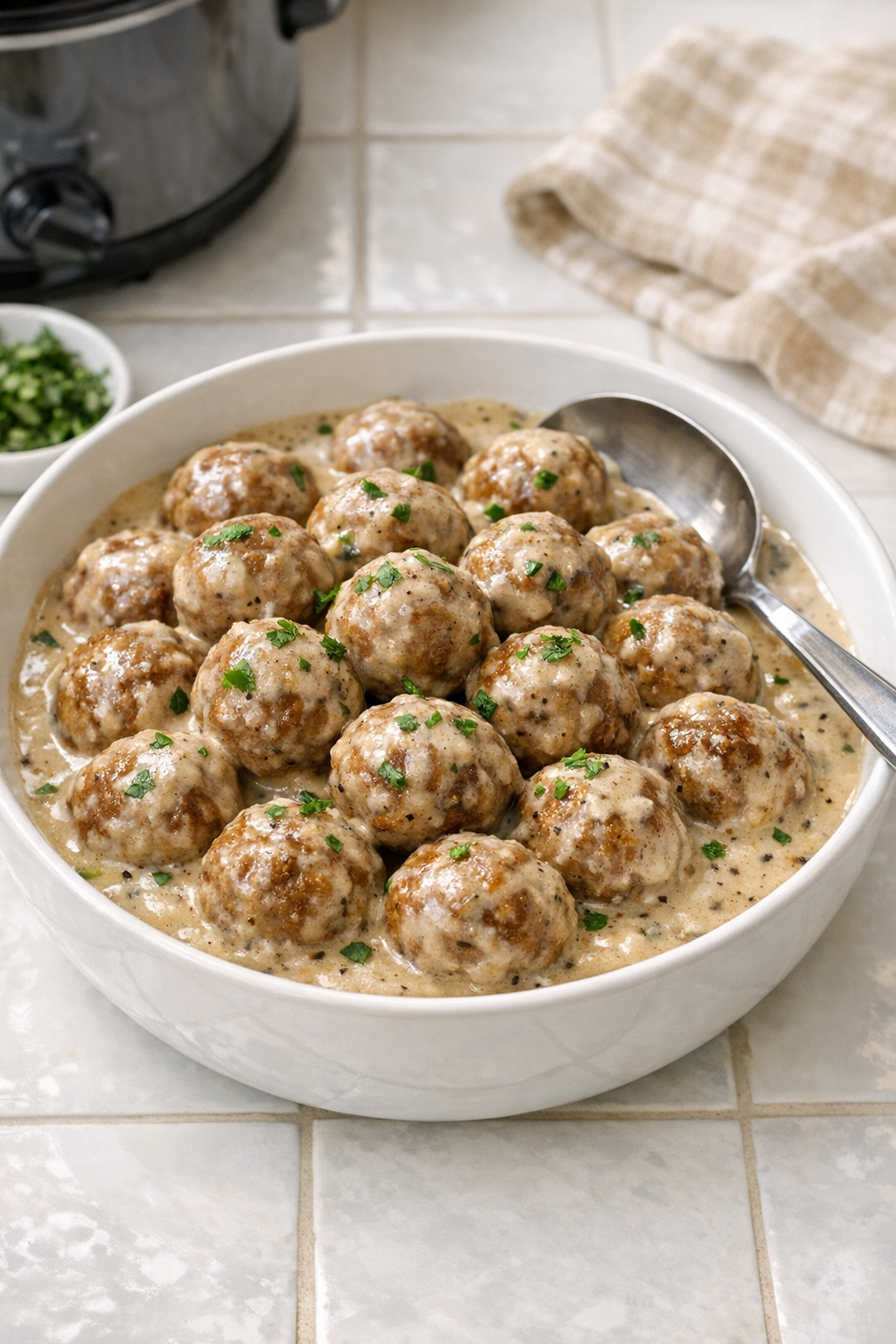 Creamy Swedish meatballs plated with sauce