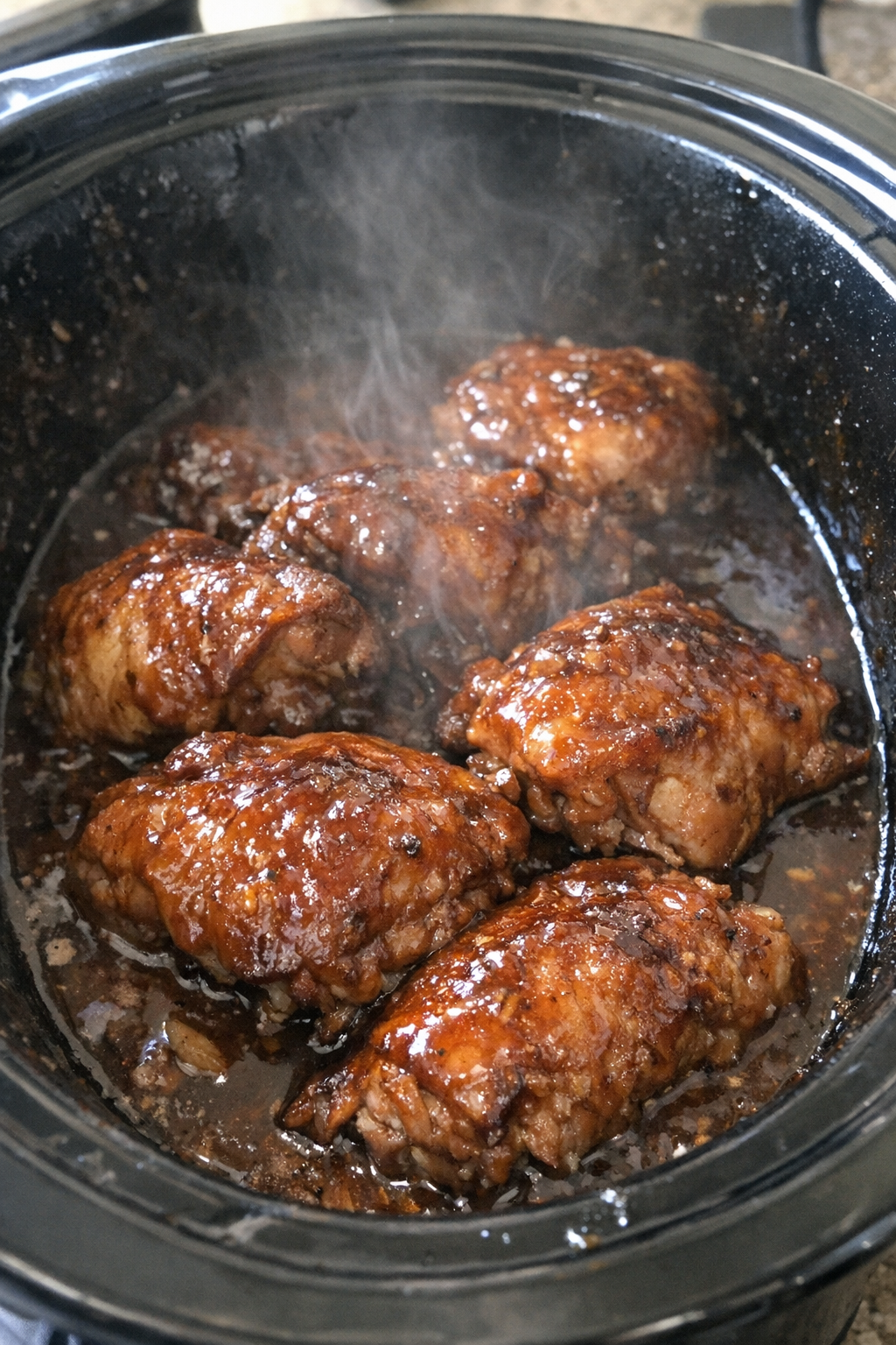 Slow cooker meal with roasted protein in amber sauce