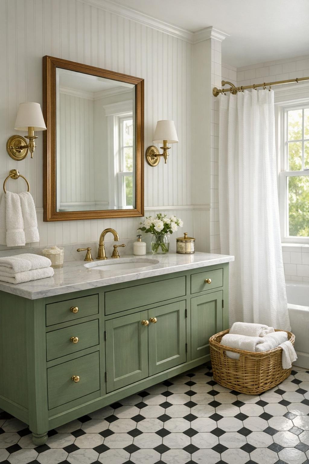 Classic cottage bathroom with painted vanity, white tile, patterned floor, and warm metal fixtures
