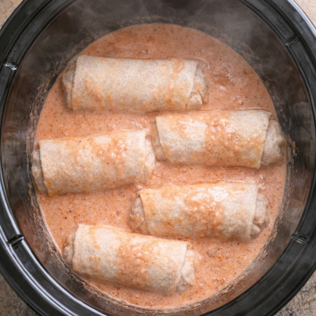 Burritos covered in sauce inside a slow cooker
