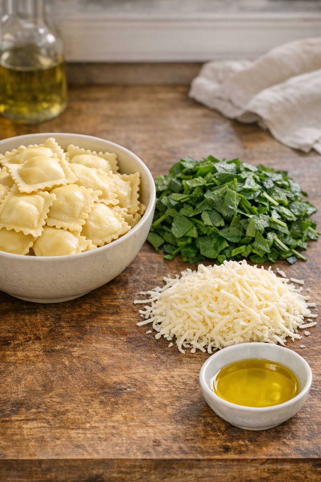 Main ingredients for cheesy spinach ravioli packets