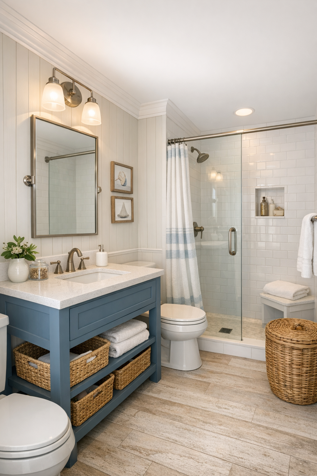 Bright cottage bathroom with white tile shower and blue-gray vanity