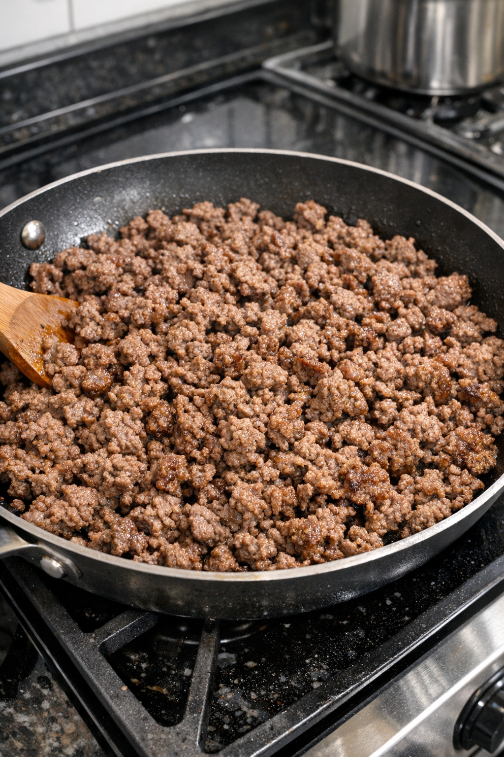 Cooked ground beef crumbles in a skillet