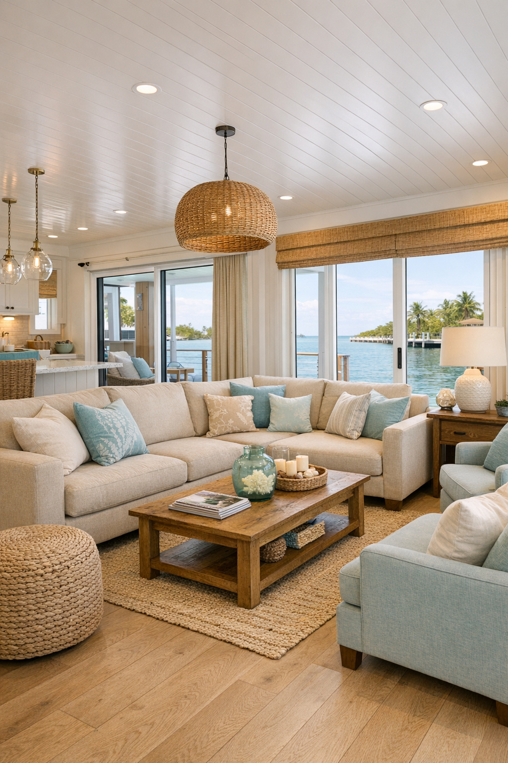Bright coastal living room inside a barrier-free Florida Keys houseboat