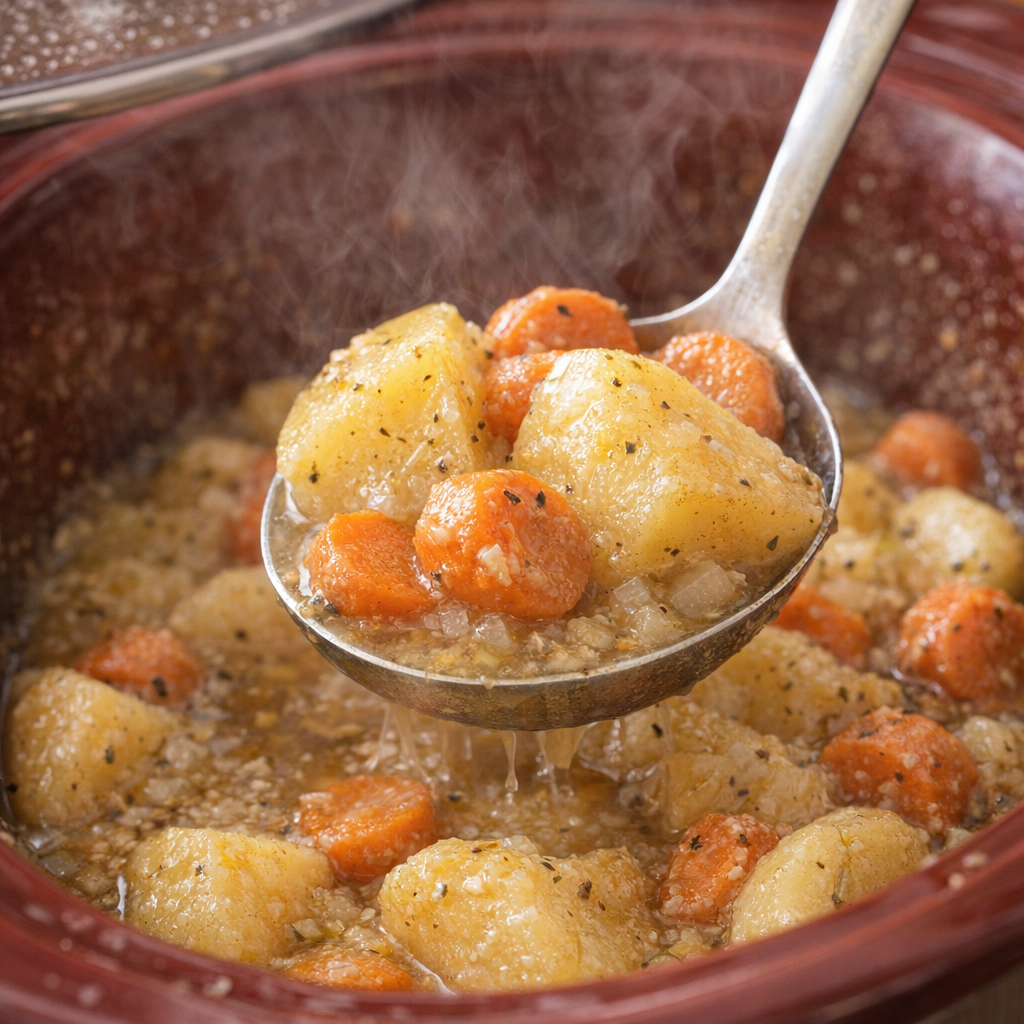 Tender cooked potatoes and carrots in the slow cooker
