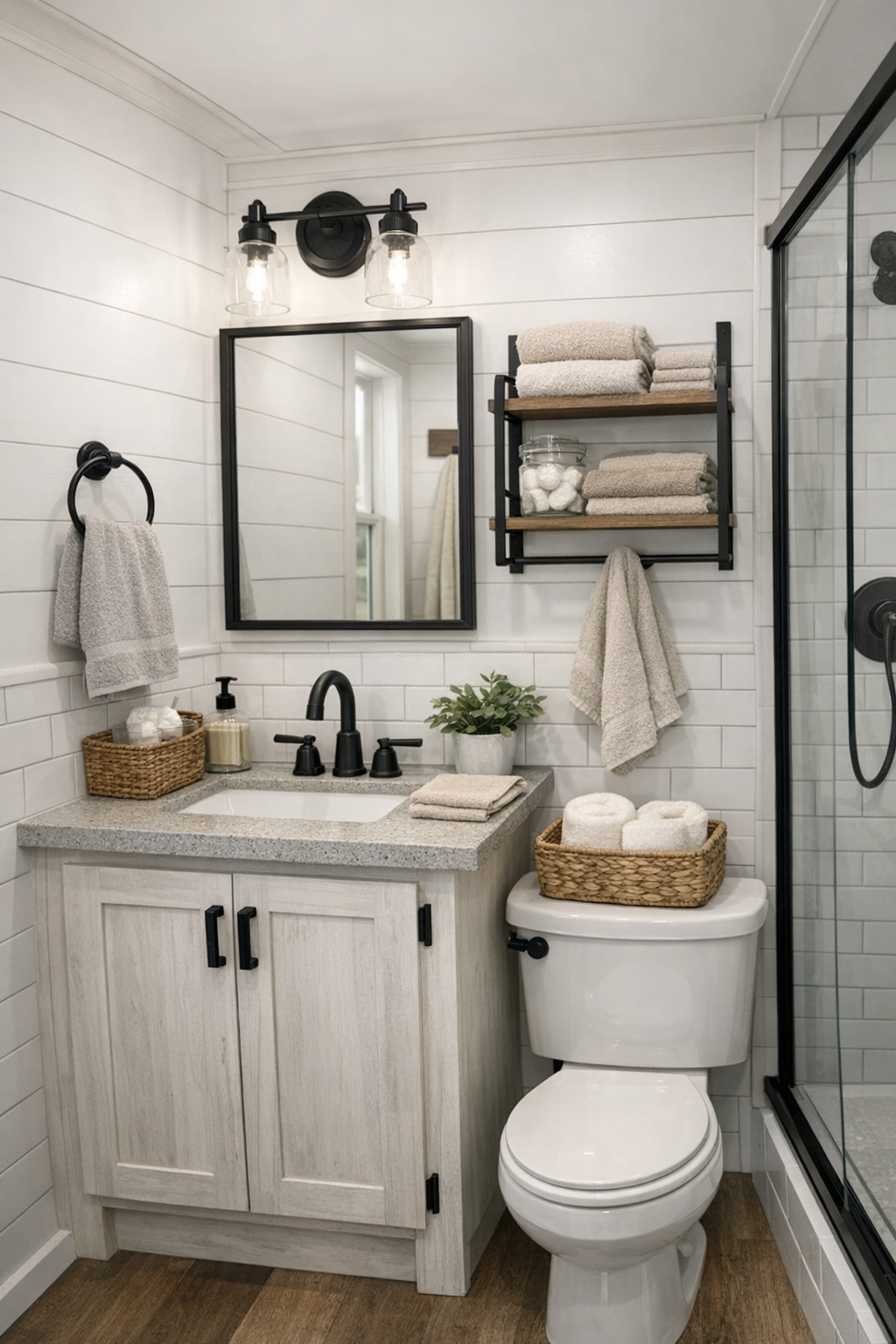 Fresh compact farmhouse bathroom with black fixtures, a simple vanity, and bright tile