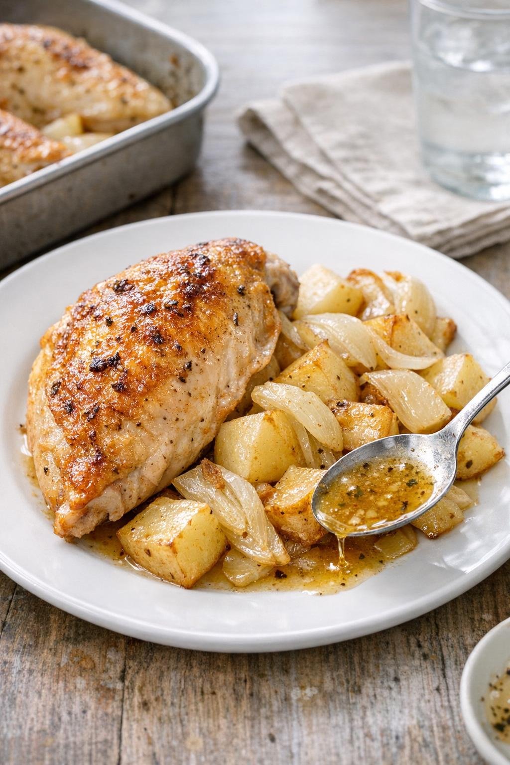 Roasted split chicken breasts with tender onions and potatoes
