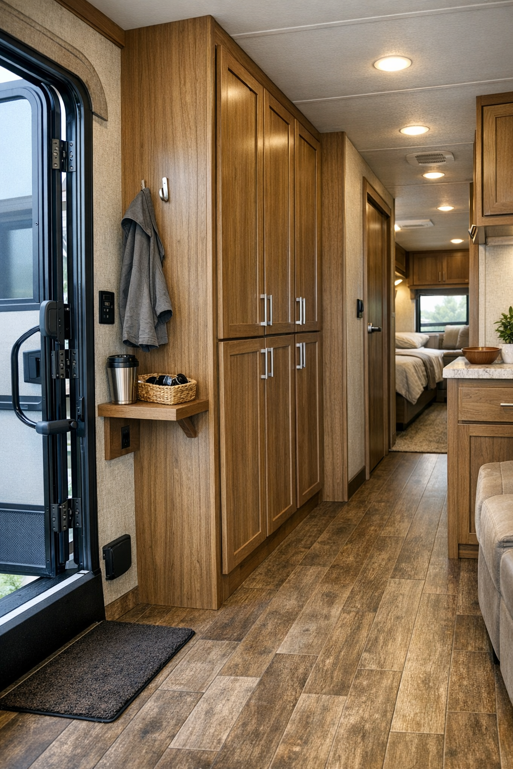 Accessible RV camper entry and hallway storage with flush cabinetry and durable flooring