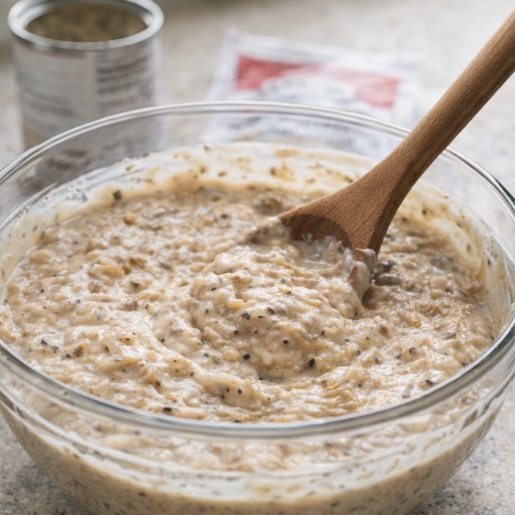 Cream of mushroom soup and onion soup mix stirred together in a bowl
