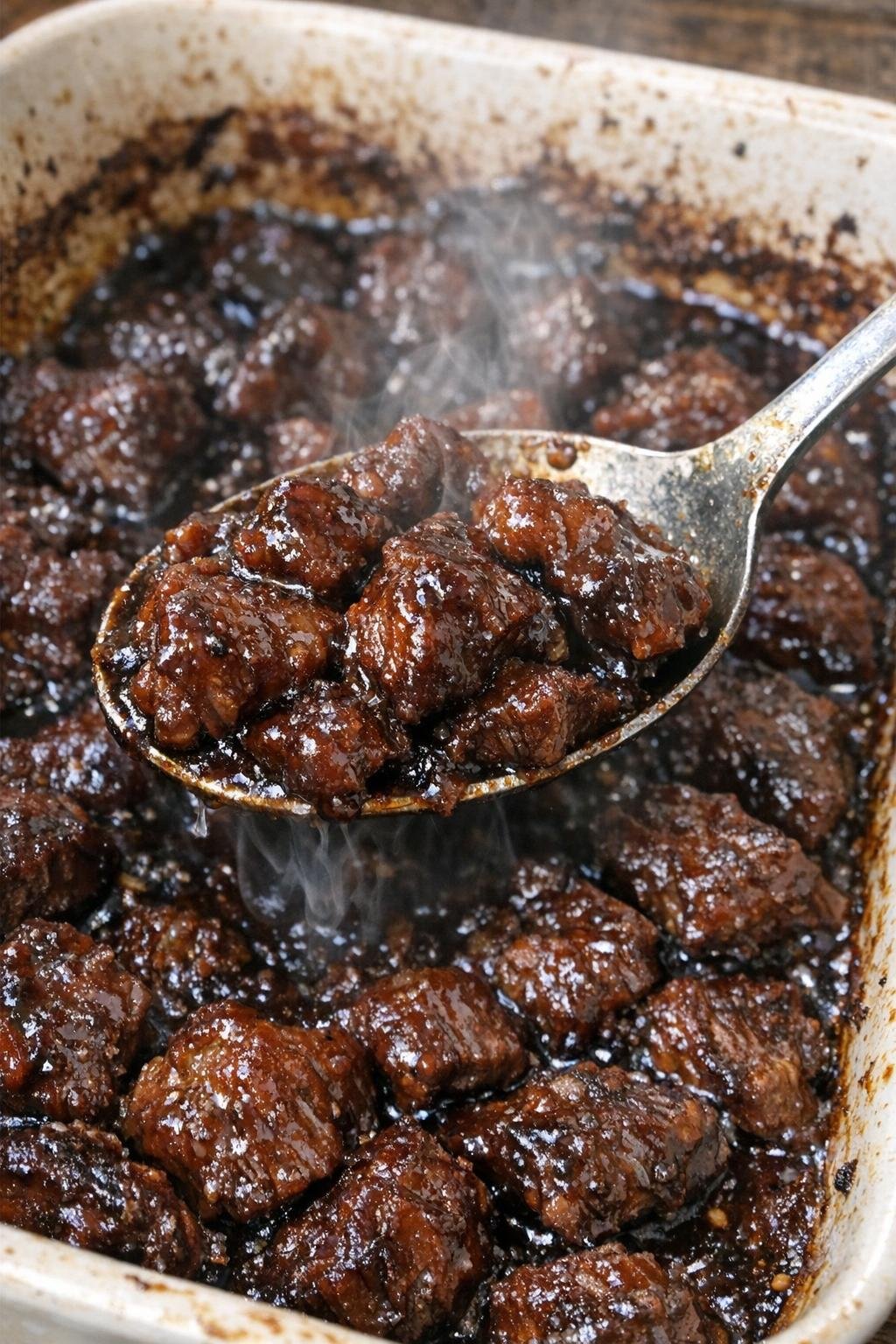 Savory beef bites with dark sticky glaze in a baking dish