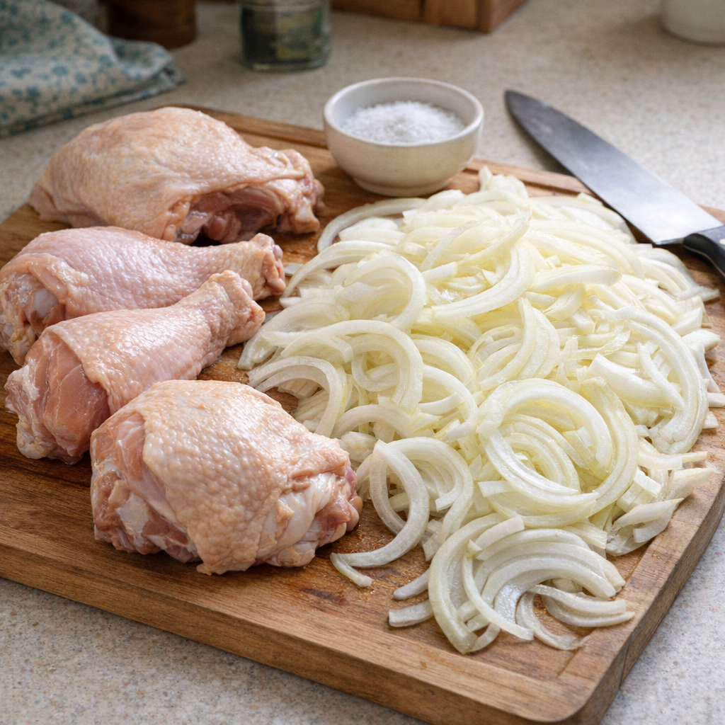 Sliced onions and chicken pieces prepped for slow cooker