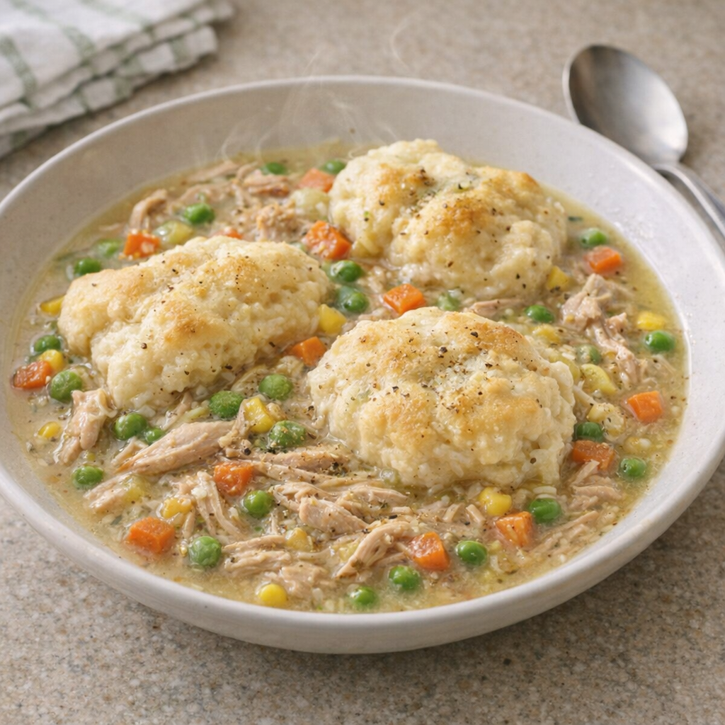 Slow cooker chicken and biscuits served in a shallow bowl