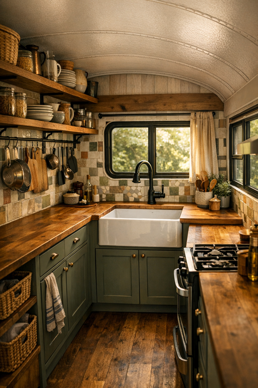 Galley kitchen inside a converted bus with butcher-block counters and open shelves