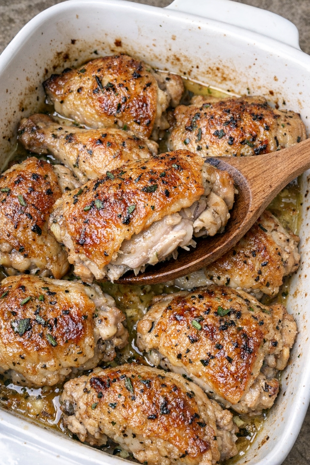 Golden brown baked chicken in a white ceramic casserole dish