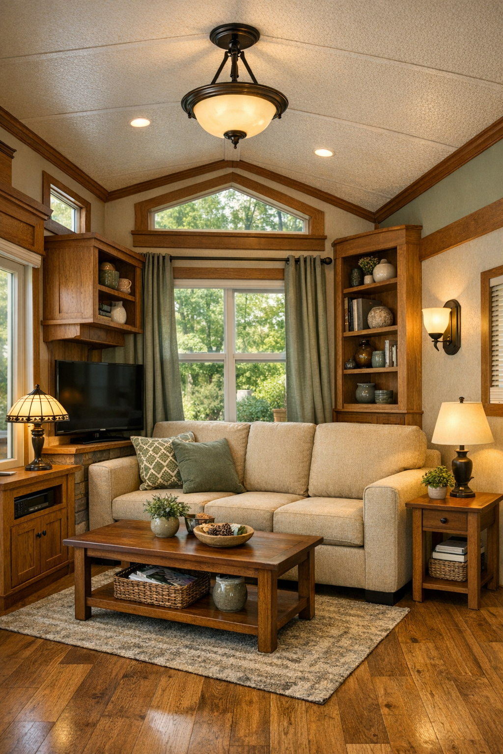 Craftsman-inspired living room with sage accents, warm wood trim, and compact built-in seating