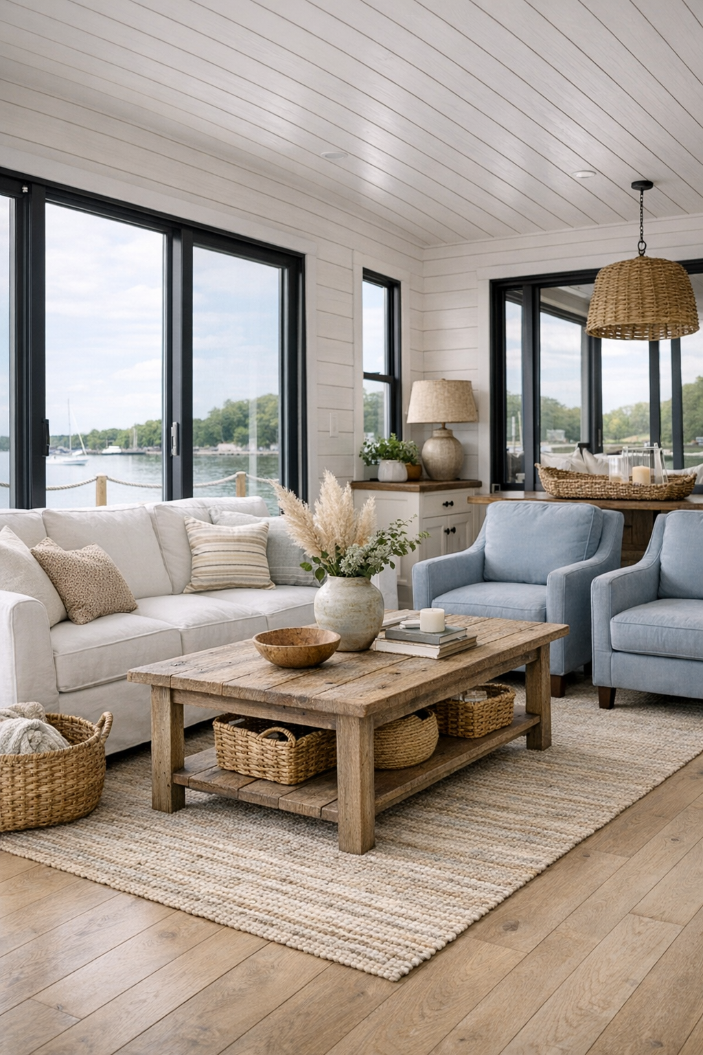 Bright coastal farmhouse living room with white oak floors and soft blue chairs