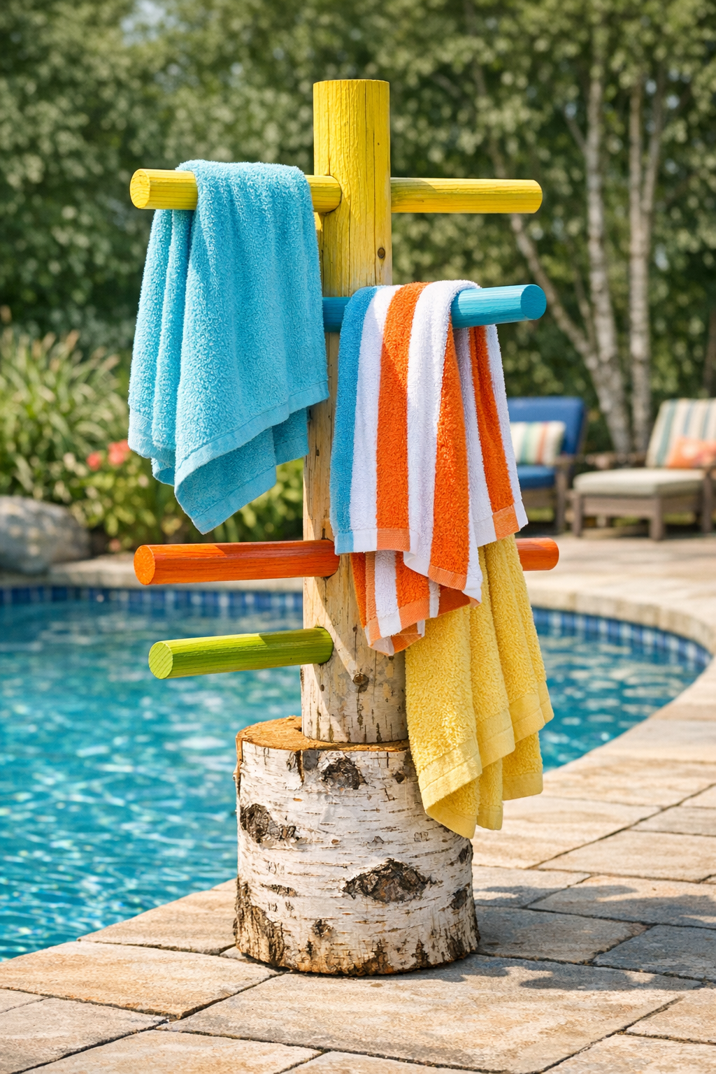 Finished poolside towel tree with painted dowels in birch log base