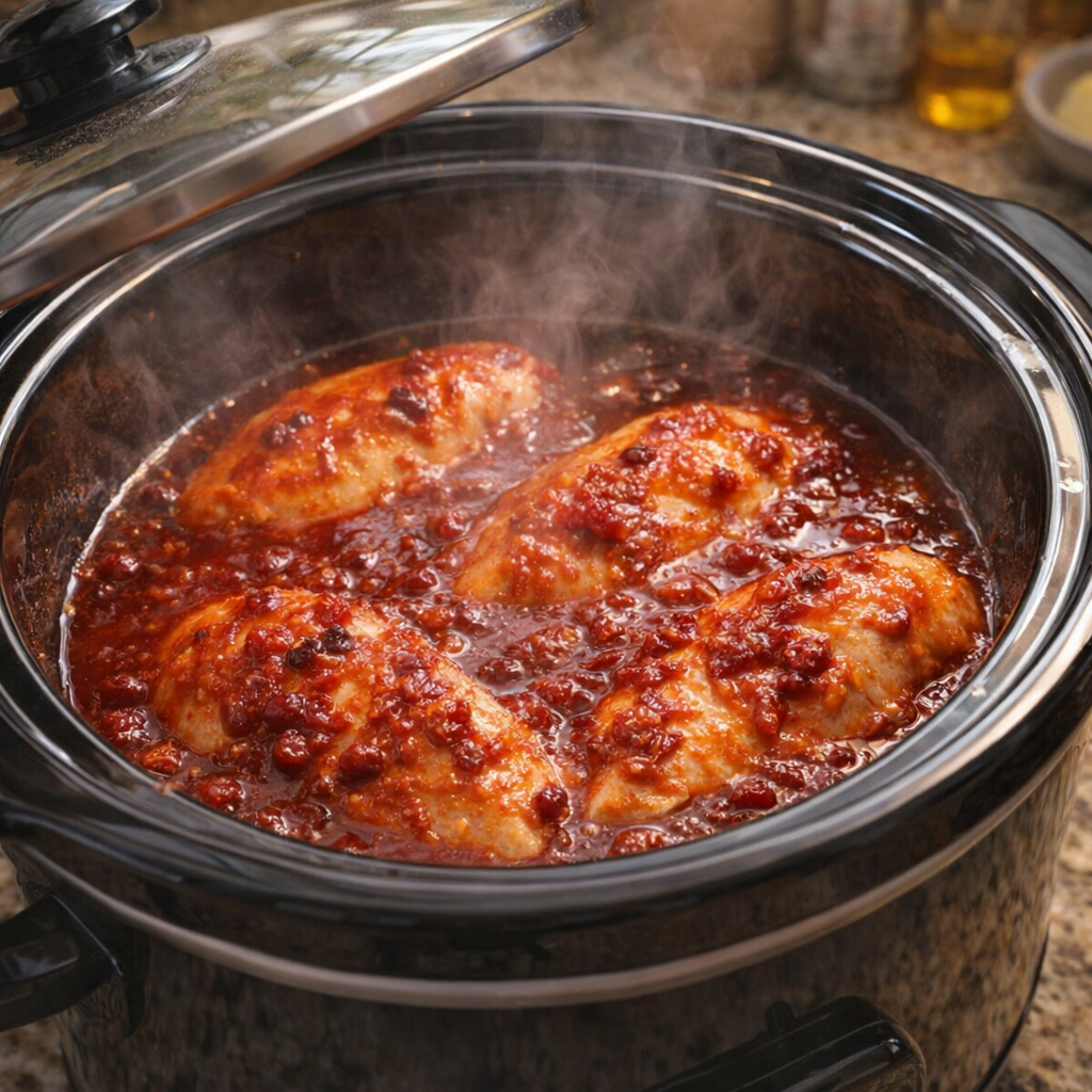 Slow cooker cranberry chicken bubbling gently during cooking