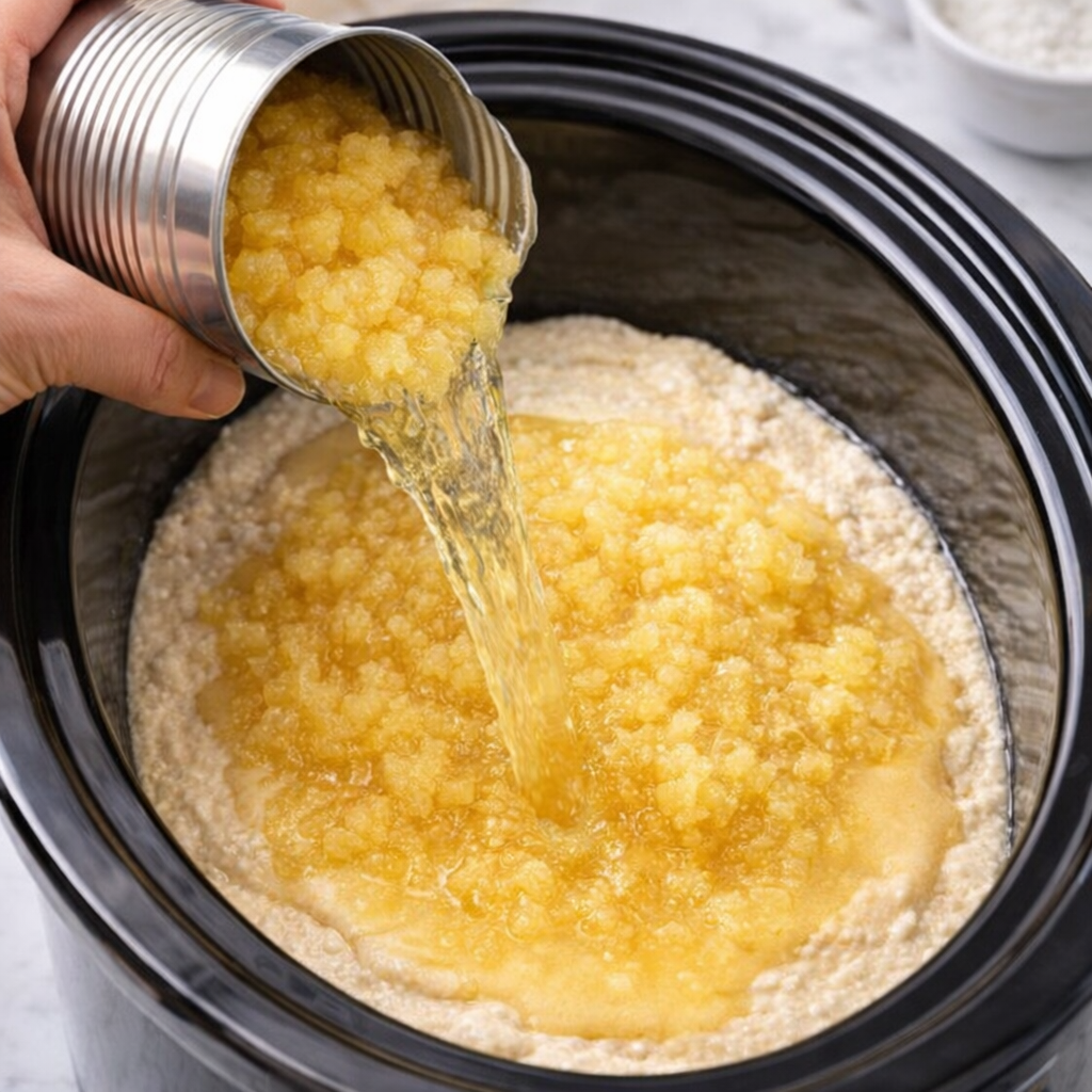 Crushed pineapple being poured over cake batter