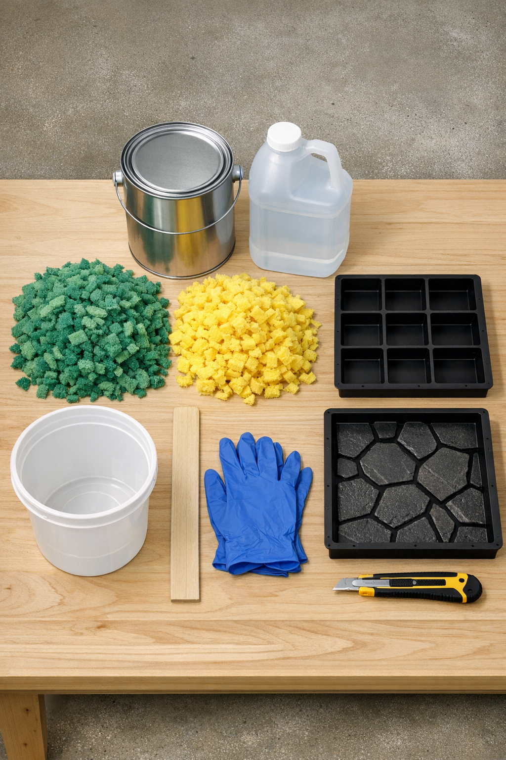 Materials for sponge paver stones laid out on a worktable