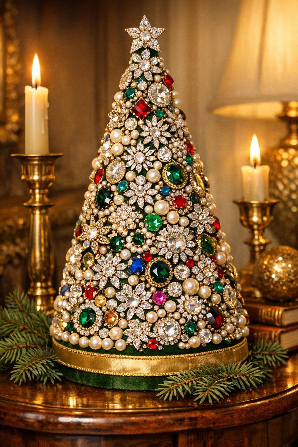 Finished jeweled tabletop tree displayed on a decorated holiday table