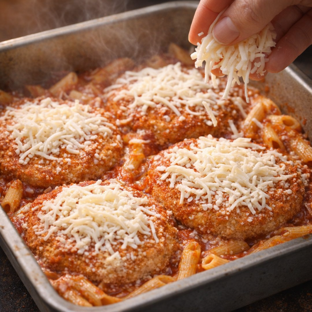 Close-up of mozzarella being sprinkled over partially baked chicken parmesan pasta