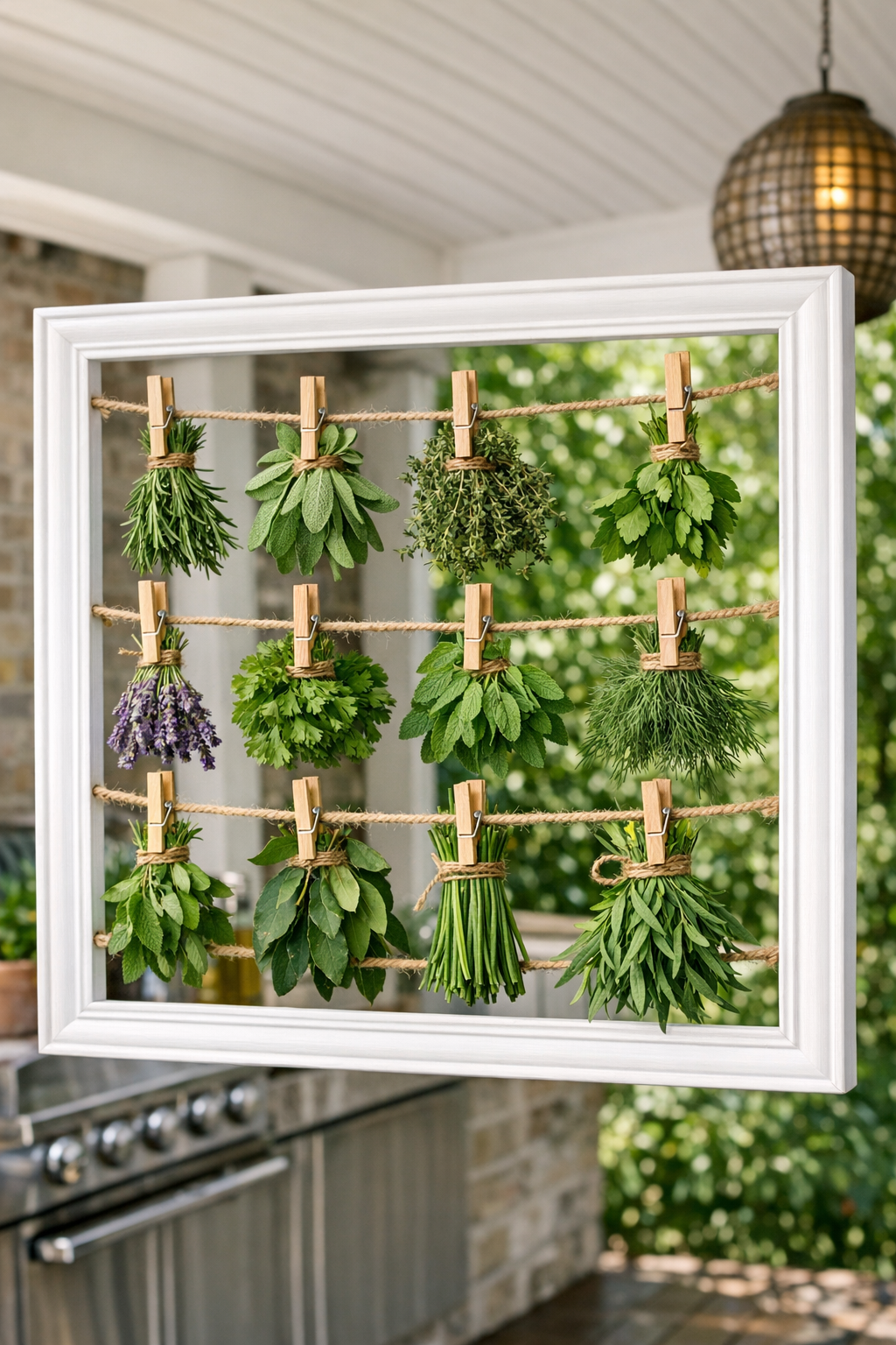 Finished painted wooden frame herb drying rack hanging on a patio