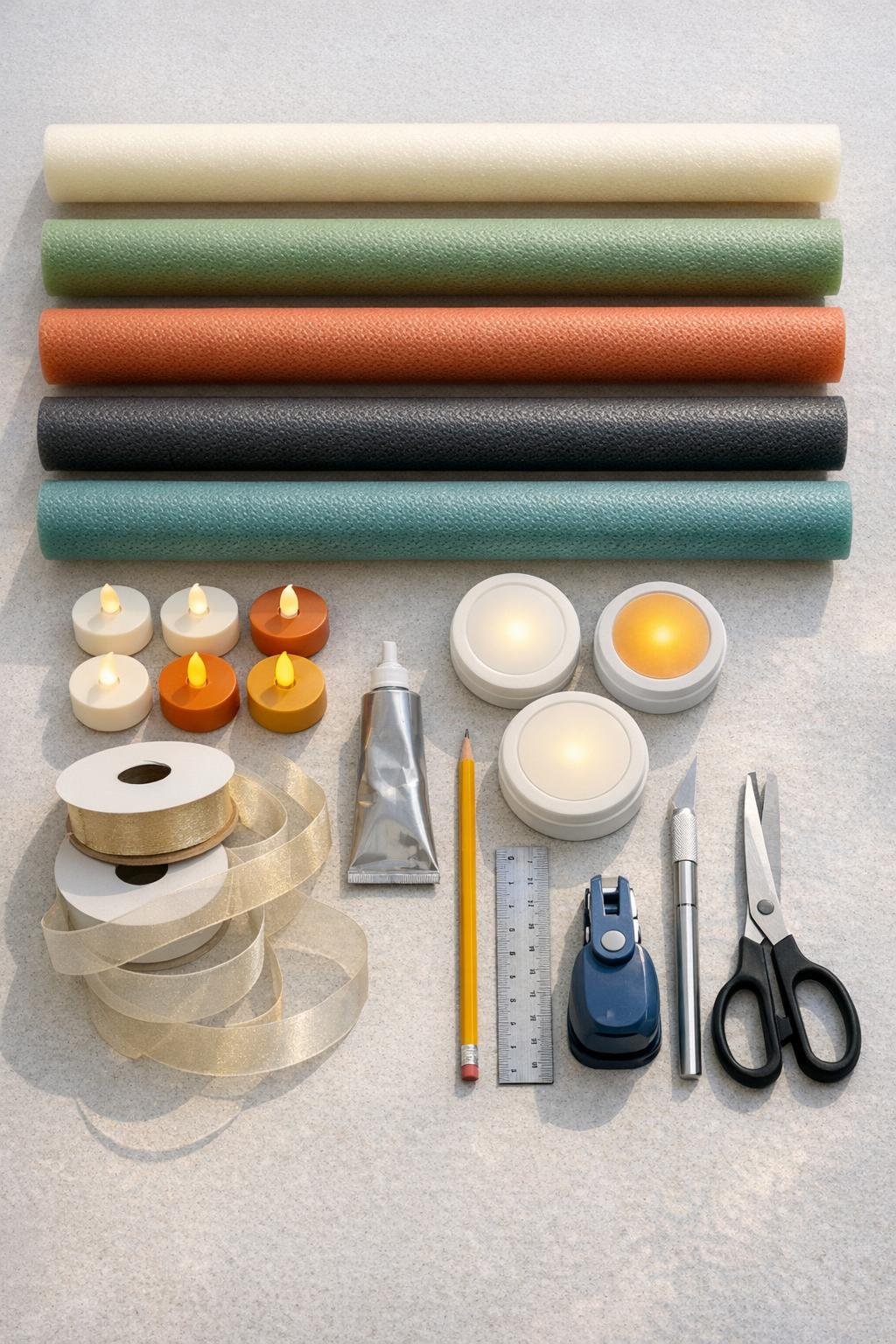 Pool noodles, LED lights, ribbon, and craft supplies laid out for making outdoor luminaries