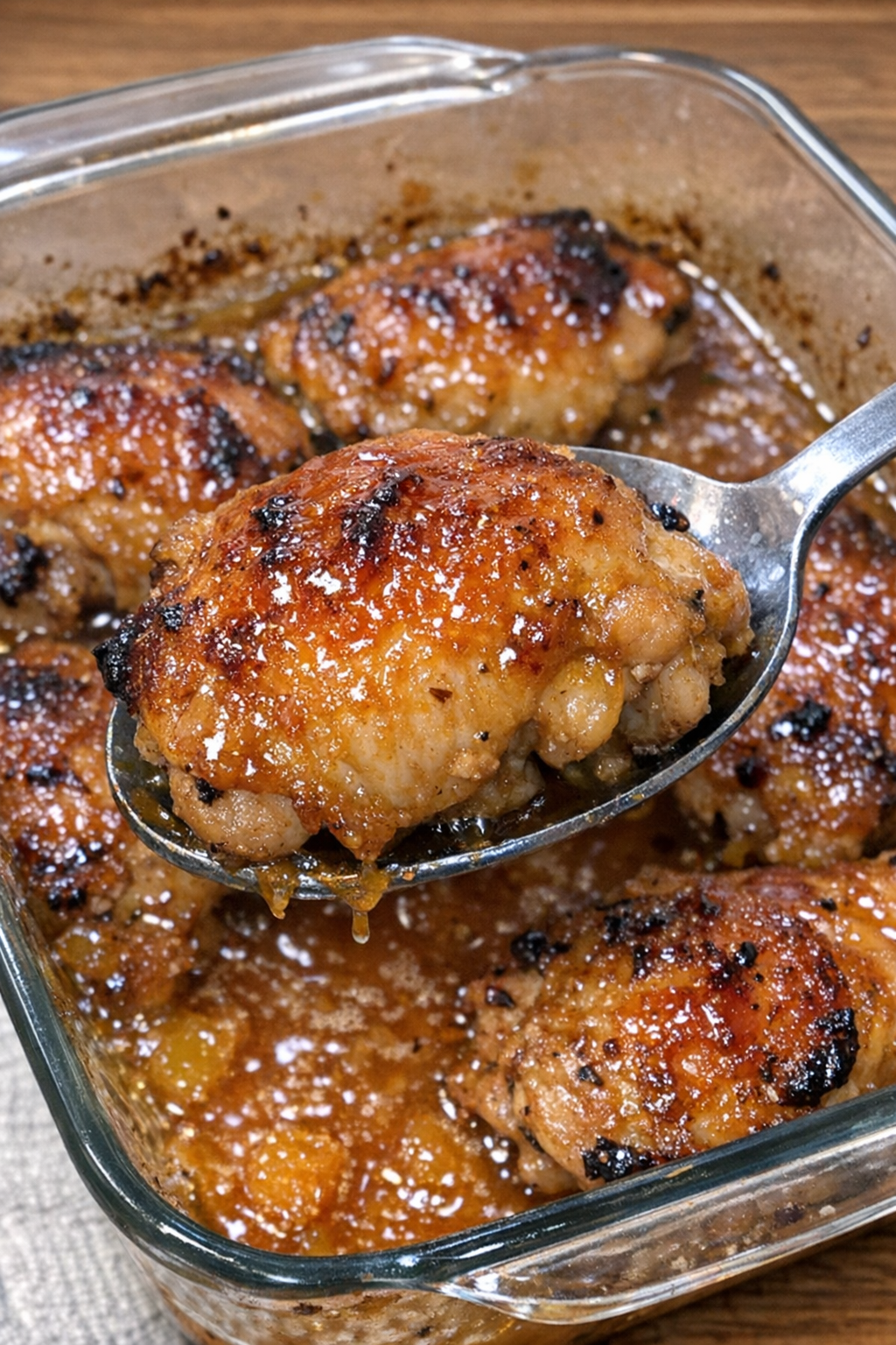 Tender chicken thighs glazed in peach sauce in a baking dish